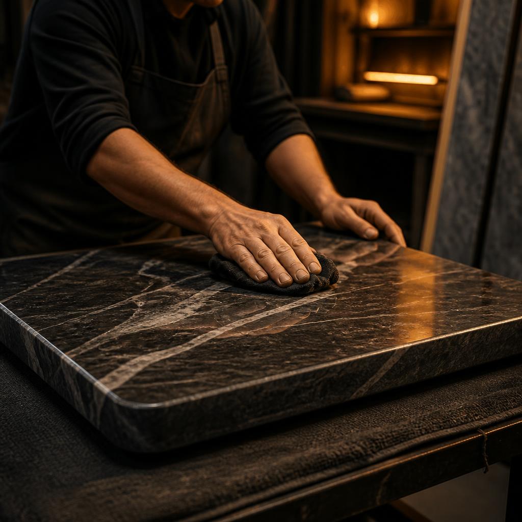 Main d'artisan finissant une pierre chauffante MIADEA dans l'atelier